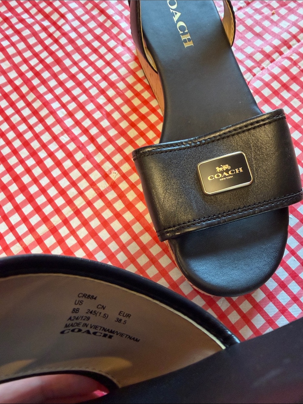 COACH size 8 Black Leather Cork Wedge Sandals with Ankle Strap - Picture 4 of 8